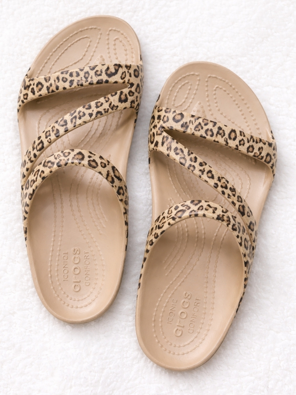CROCS Women’s Leopard Print Strappy Sandals in Tan and Black